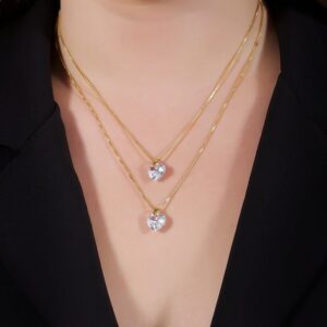 Colar Coração Duplo Ouro 24K e Zircônia