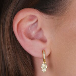 Brinco Mãos de Fátima Ouro 24 k e Zircônia.